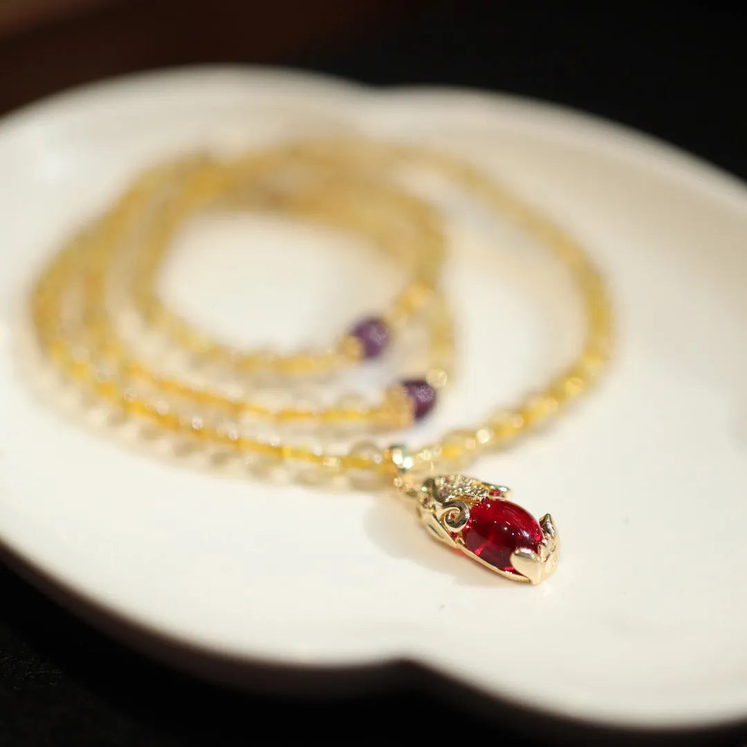 Natural Brazilian gold rutilated quartz bracelet with three-circle Chinese design and hanging chopsticks decoration