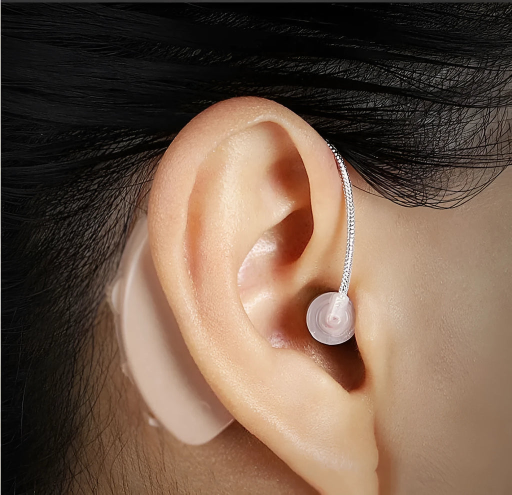 Black silicone rechargeable hearing aid amplifier for the elderly with charging cable