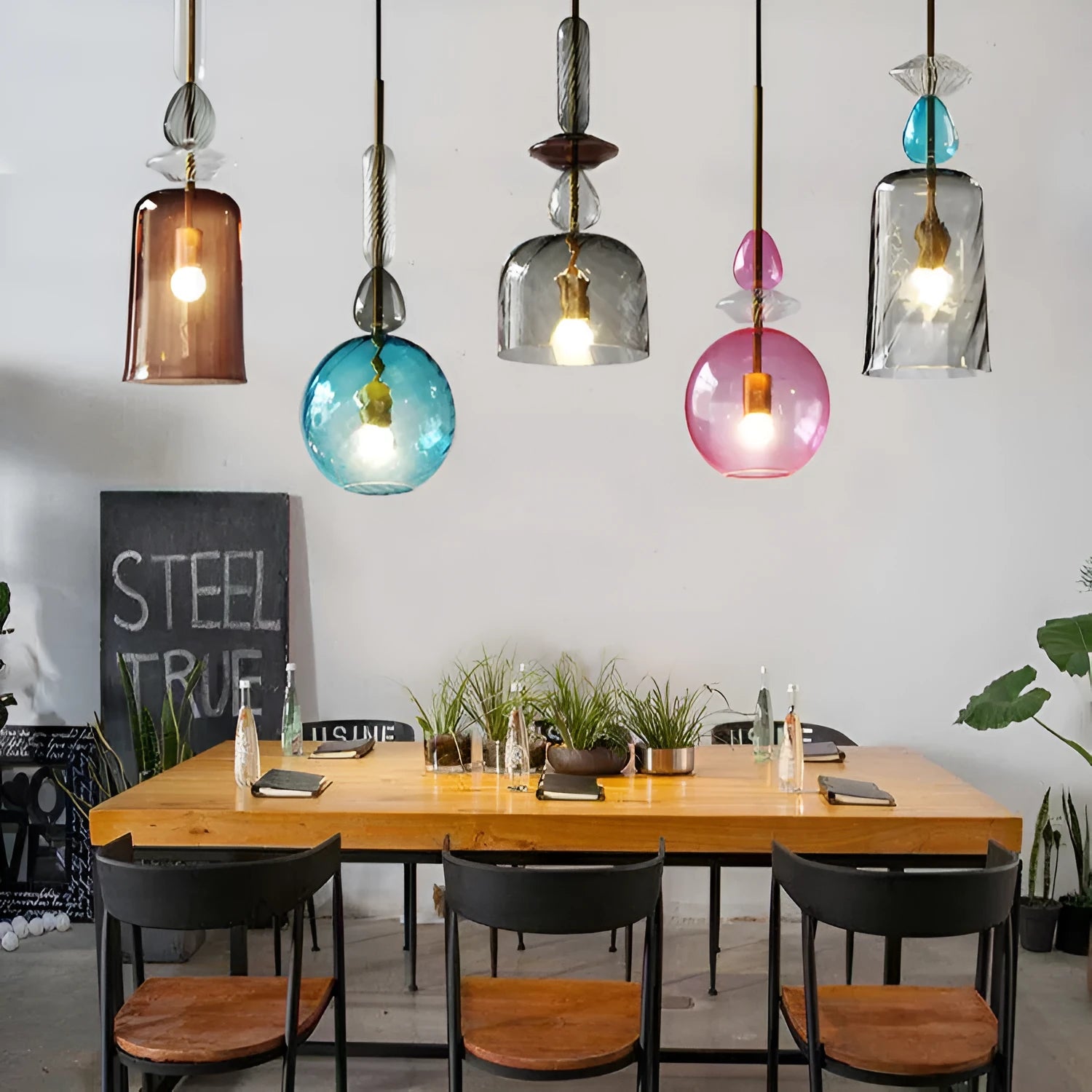 Glass bar counter chandelier with macarons candy design and adjustable height.