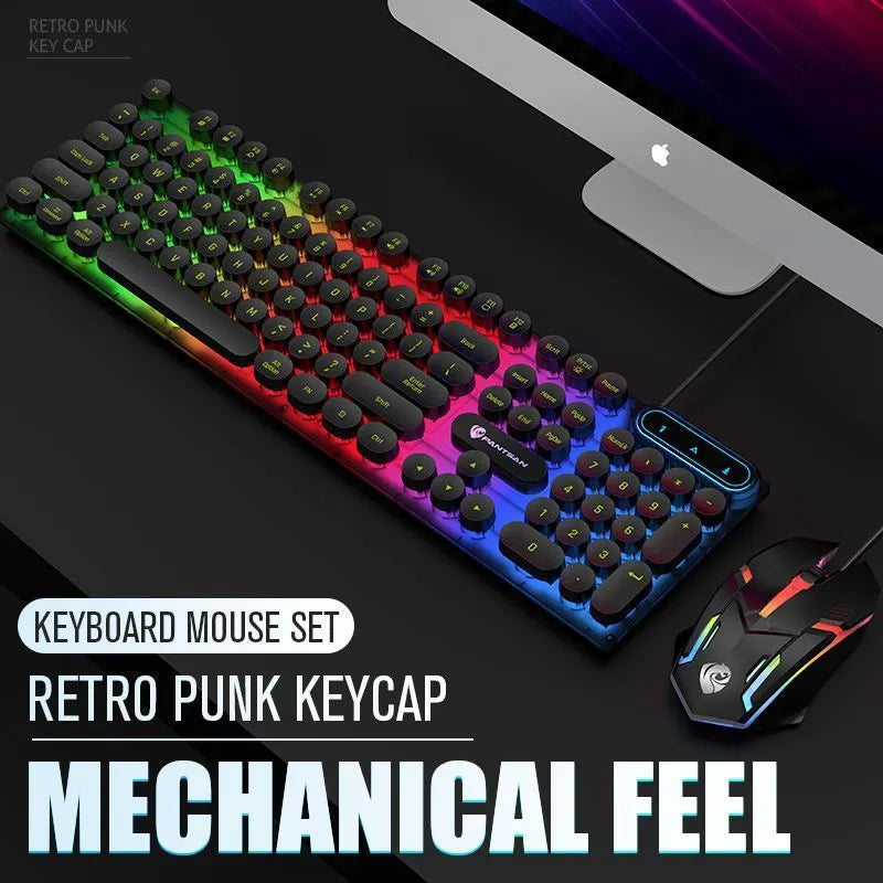 Desktop computer wired keyboard and mouse set, black, with USB cable on desk