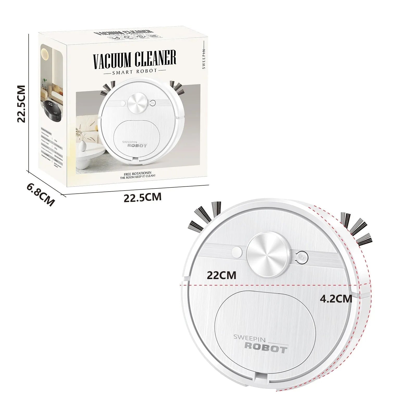 Black or white three-in-one robotic vacuum cleaner with mopping function and USB charging cable