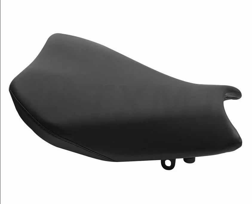 Black PU leather seat cover fitted on a Suzuki GSXR1000 motorbike, showing front and rear set.