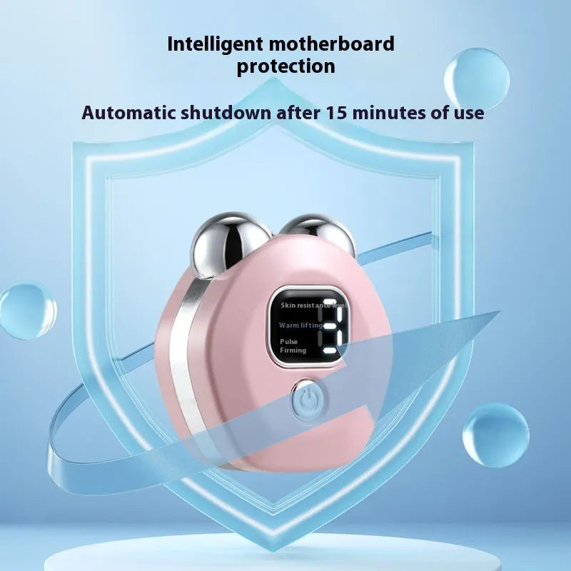 Portable light blue micro current double-roller facial massage instrument with hot compress function.