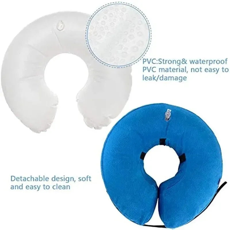 Blue inflatable soft recovery collar for a dog, showing adjustable air valve.