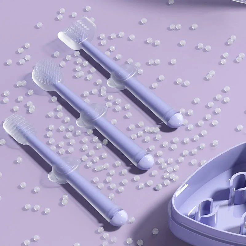 Purple silicone pet toothbrush with long handle for dog and cat dental cleaning