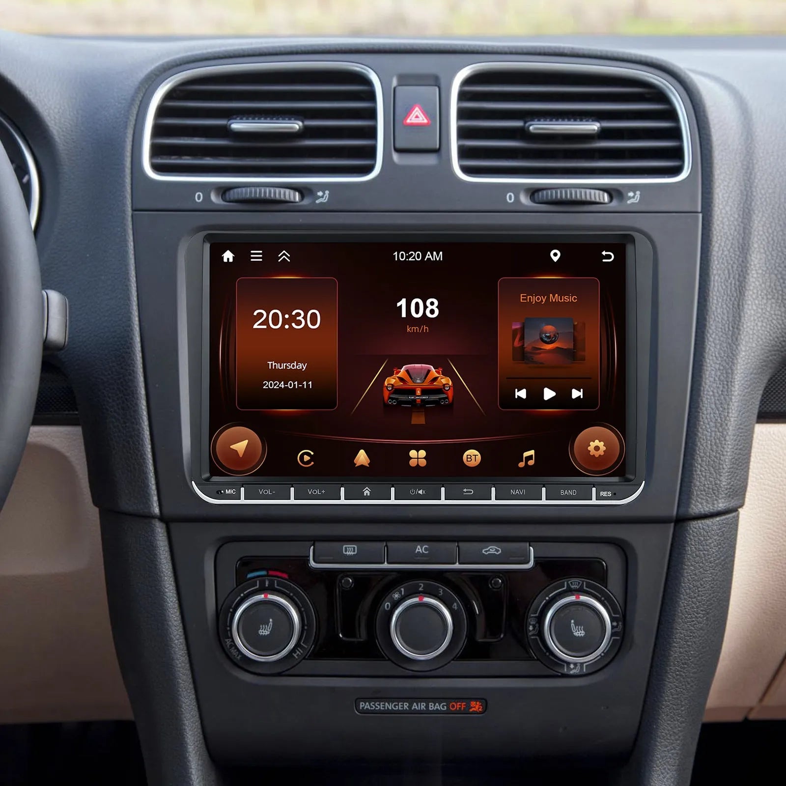 7-inch Android car stereo head unit with touchscreen for Volkswagen vehicles featuring wireless CarPlay.