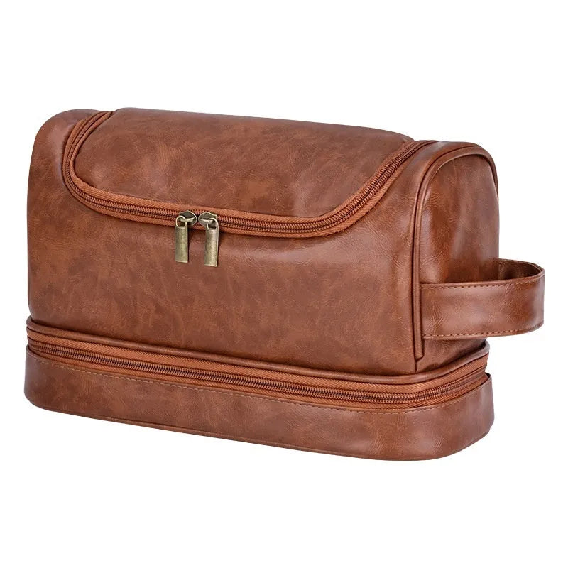PU leather storage bag with hook in brown, black or dark brown for travel toiletries and cosmetics