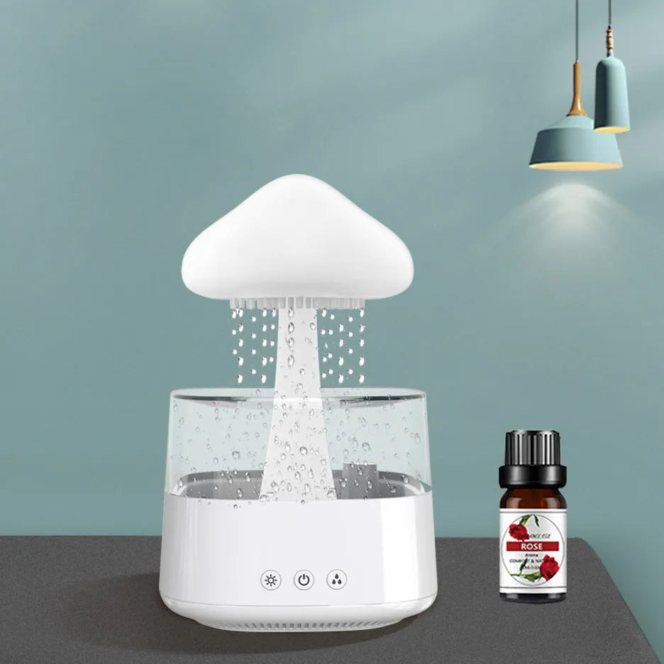 White raining cloud desk humidifier and essential oil diffuser with mushroom lamp night light