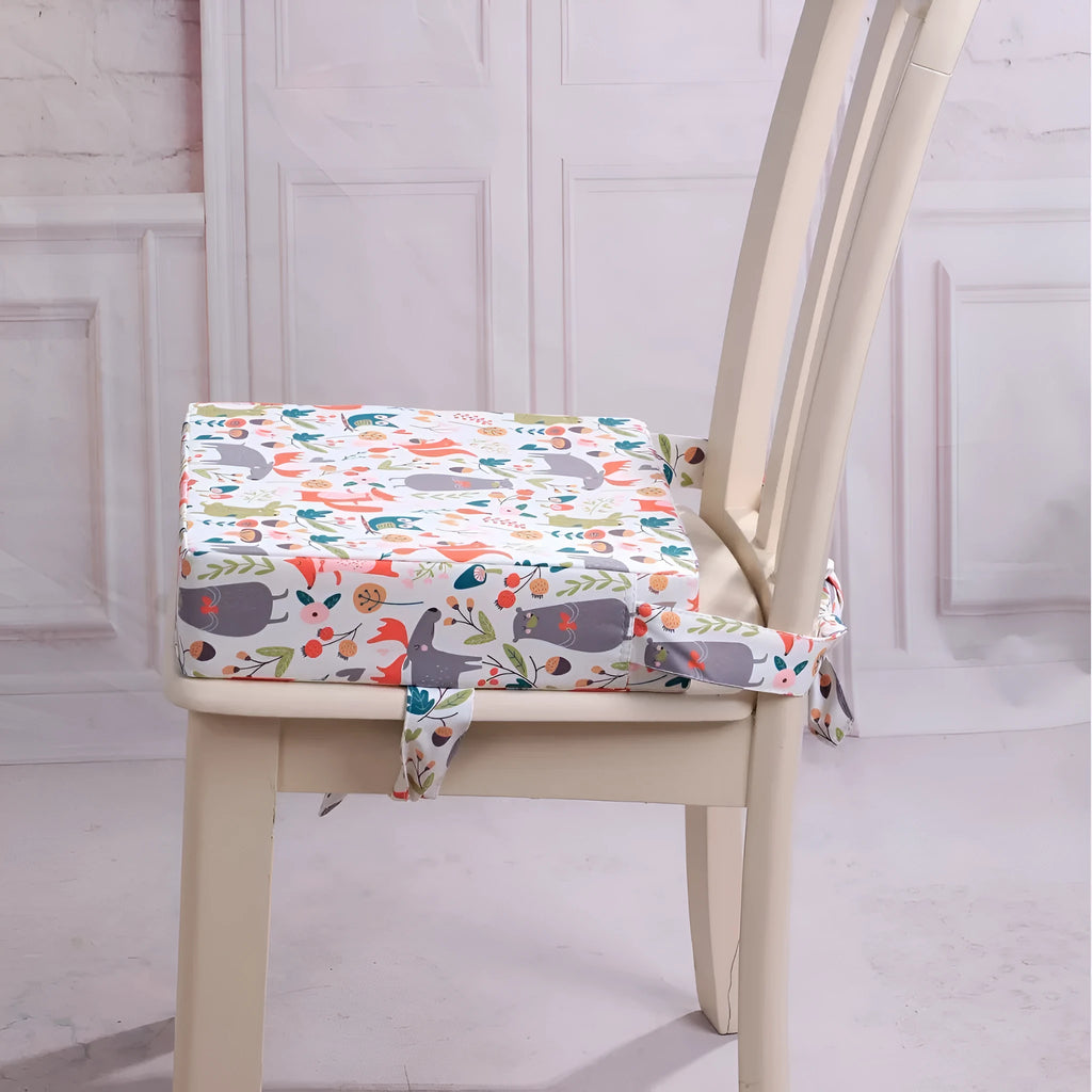 Portable children's dining chair booster seat cushion with Happy Animals pattern, dark green background, small style