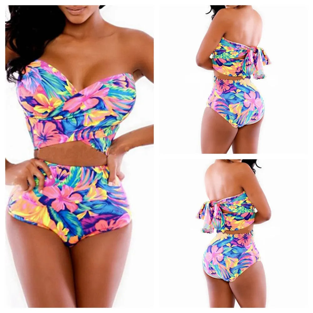 Red two-piece printed swimsuit with chest wrap top and pants on model