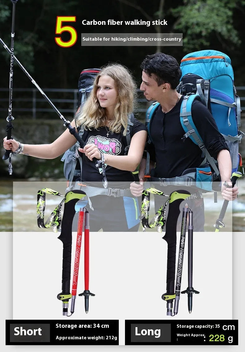 Carbon fibre folding climbing cane with tungsten steel tip shown in extended and collapsed positions