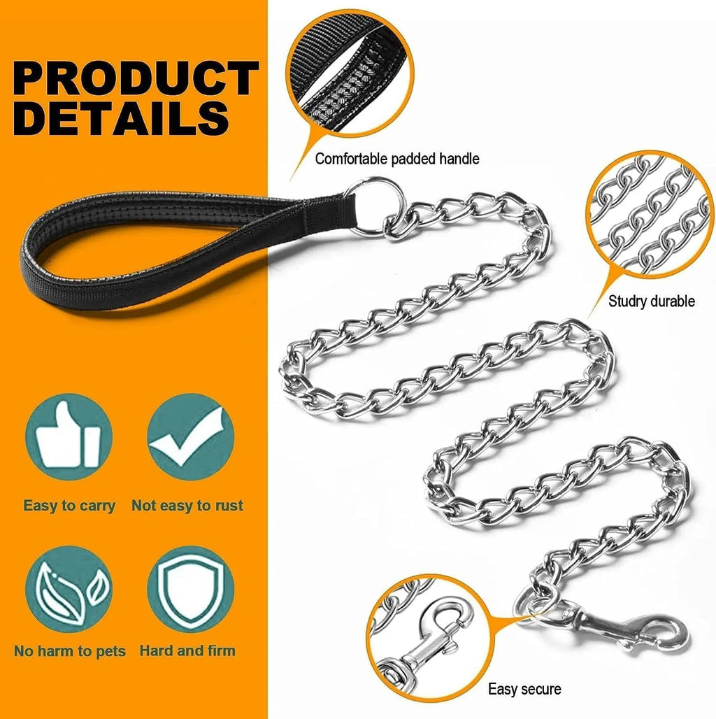 Heavy duty metal dog leash with a soft black padded handle and a chrome-plated chain.