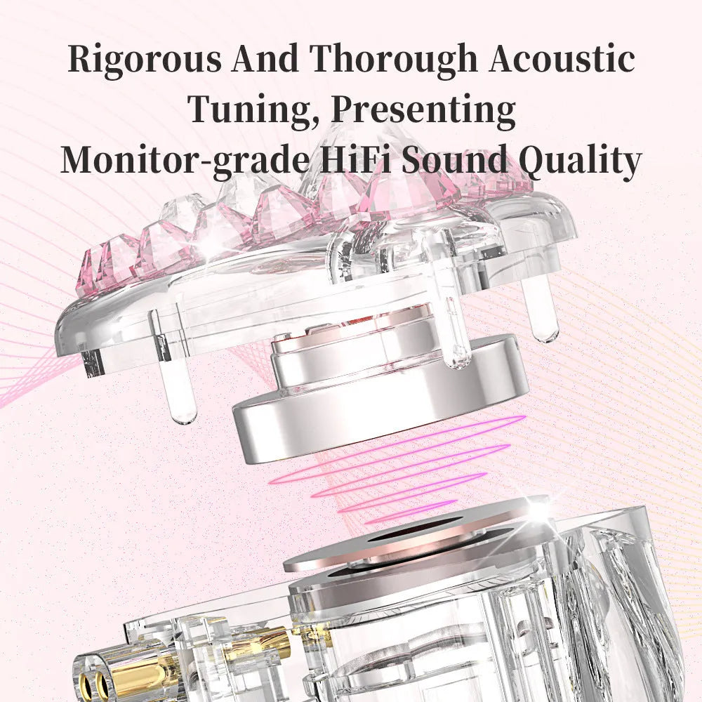 Girls' diamond embedded HiFi ear loop earphones, 3.5mm wired straight plug, wheat pink or purple, 1.2m or 3m cable.