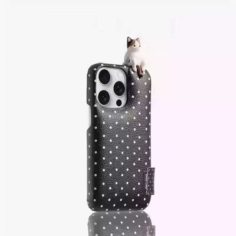 Rose pink polka dot imitation leather phone case with three-dimensional kitten design for iPhone