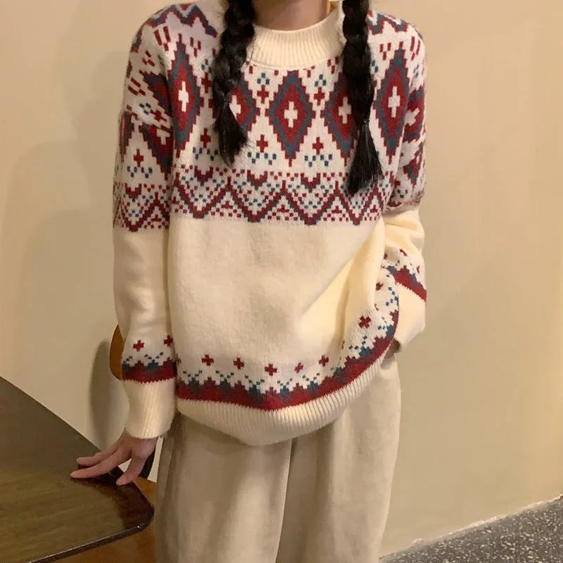 Red and white striped loose retro knitted pullover top with long sleeves