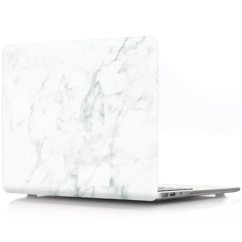 Plastic MacBook protective case in marble pattern showing front and side views