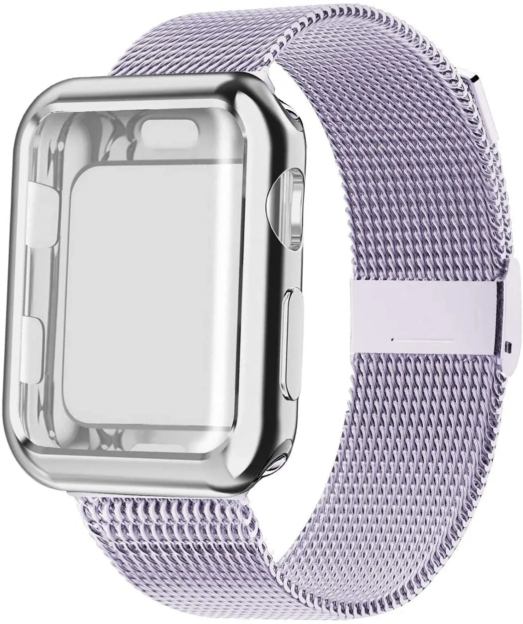Silver magnetic Milanese loop strap attached to an Apple Watch on a wrist, showing the adjustable magnetic clasp.