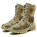 Men's black and camouflage high-top combat boots with mesh upper and totem detail