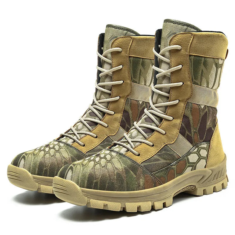 Men's black and camouflage high-top combat boots with mesh upper and totem detail