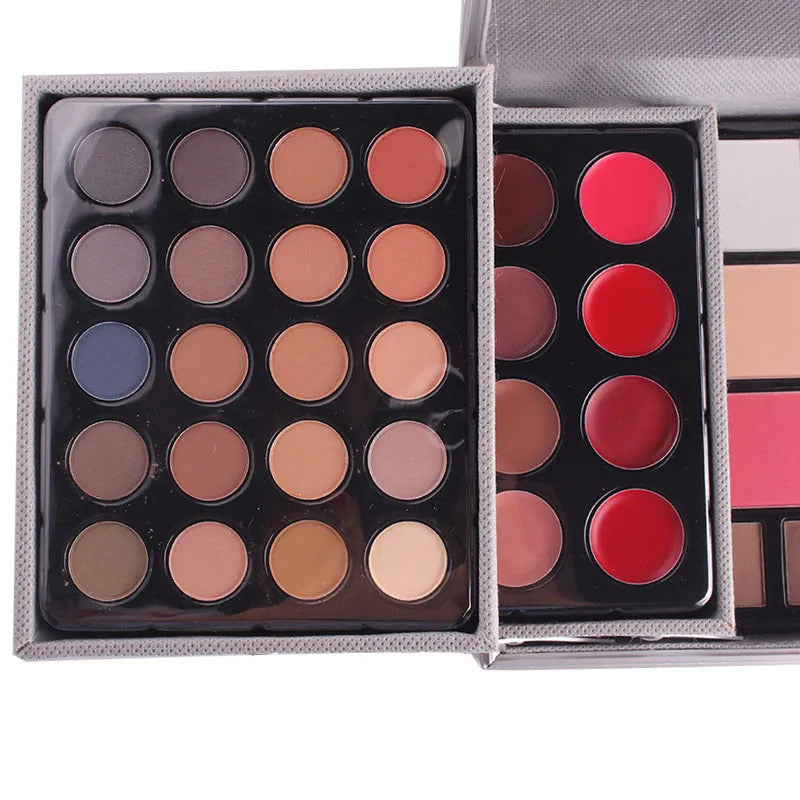 Multifunctional makeup kit case with 94 colour eye shadows, concealers, lipsticks, and blushers in earth tones and national fashion colours.
