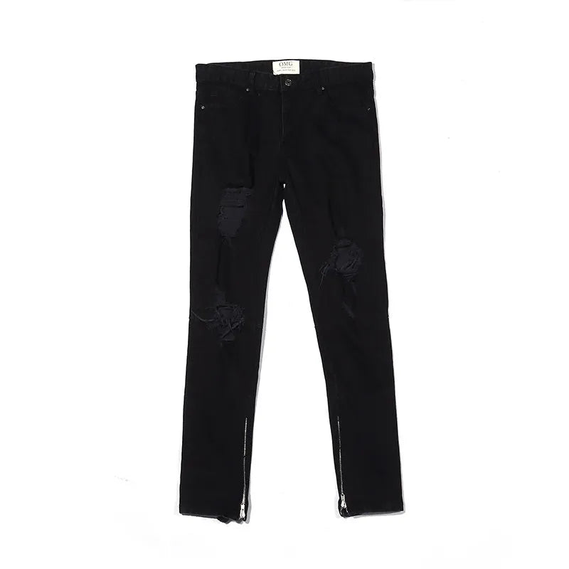 Men's black torn jeans in cotton elastic denim with raw edges, medium to low waist and zipper placket, sizes M to 2XL.