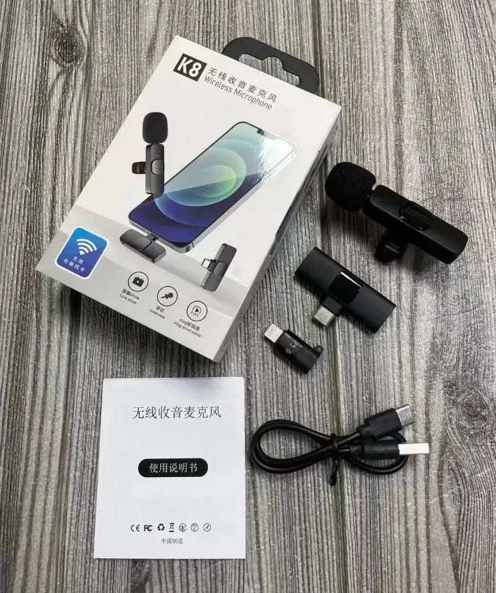 Wireless collar clip microphone for outdoor video recording with multiple interface connection options