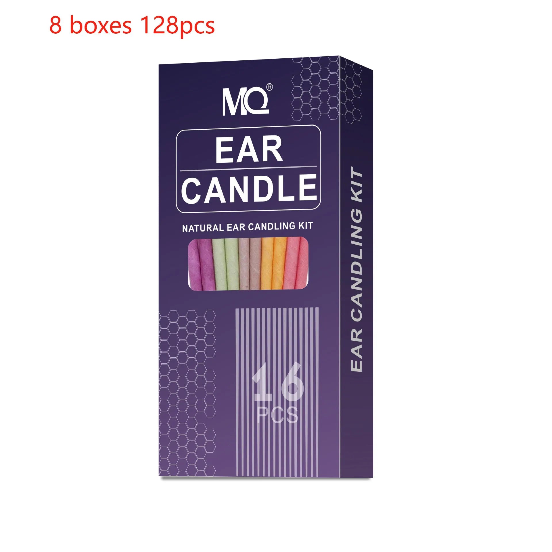 Ear candle health massage set showing 16 candles, 8 protection boards, and 16 cotton swabs in 8 different colours