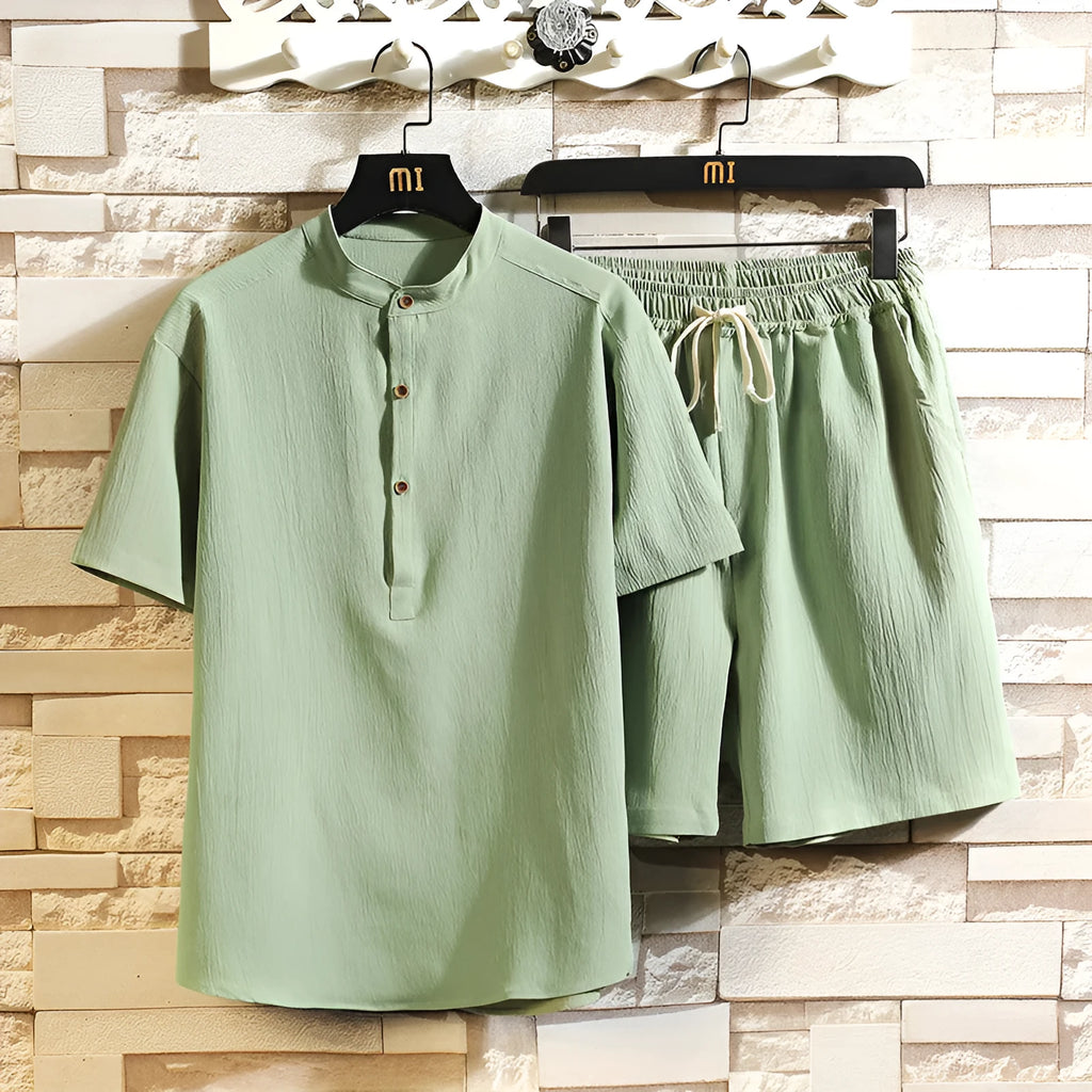 Chinese style two-piece suit with stand collar and short sleeves in a relaxed fit for summer leisure wear