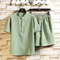 Chinese style two-piece suit with stand collar and short sleeves in a relaxed fit for summer leisure wear