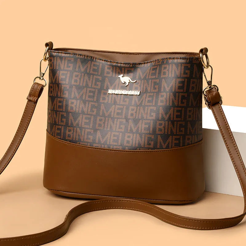 Brown retro soft leather messenger bag with three-dimensional pocket and horizontal square shape