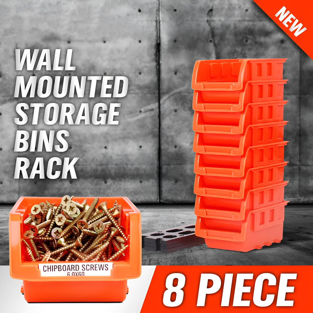 Stackable plastic tool box with eight compartments for tool storage.