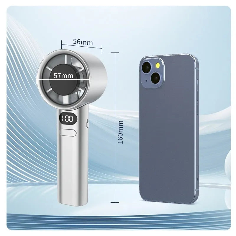 A handheld USB rechargeable fan with variable speed control in a choice of colours.