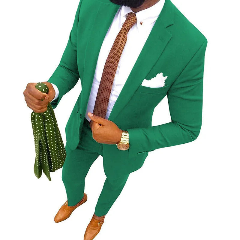 Classic men's cotton suit jacket and trousers on a hanger, available in multiple solid colours.