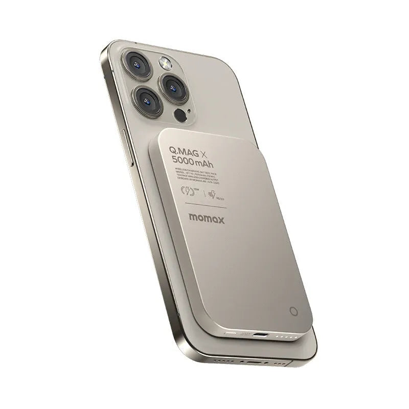 Black and titanium gold magnetic wireless power bank with alloy shell showing capacity options.