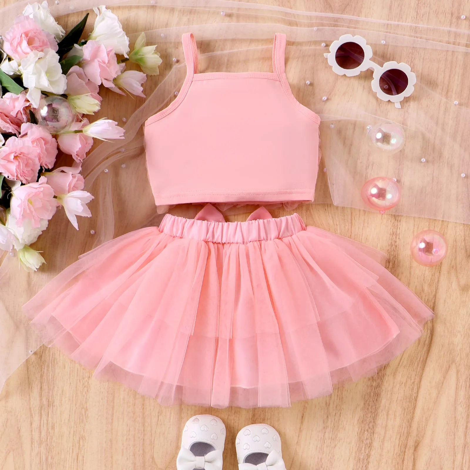 Pink floral strappy bow mesh cotton skirt suit set for baby girls with top and skirt