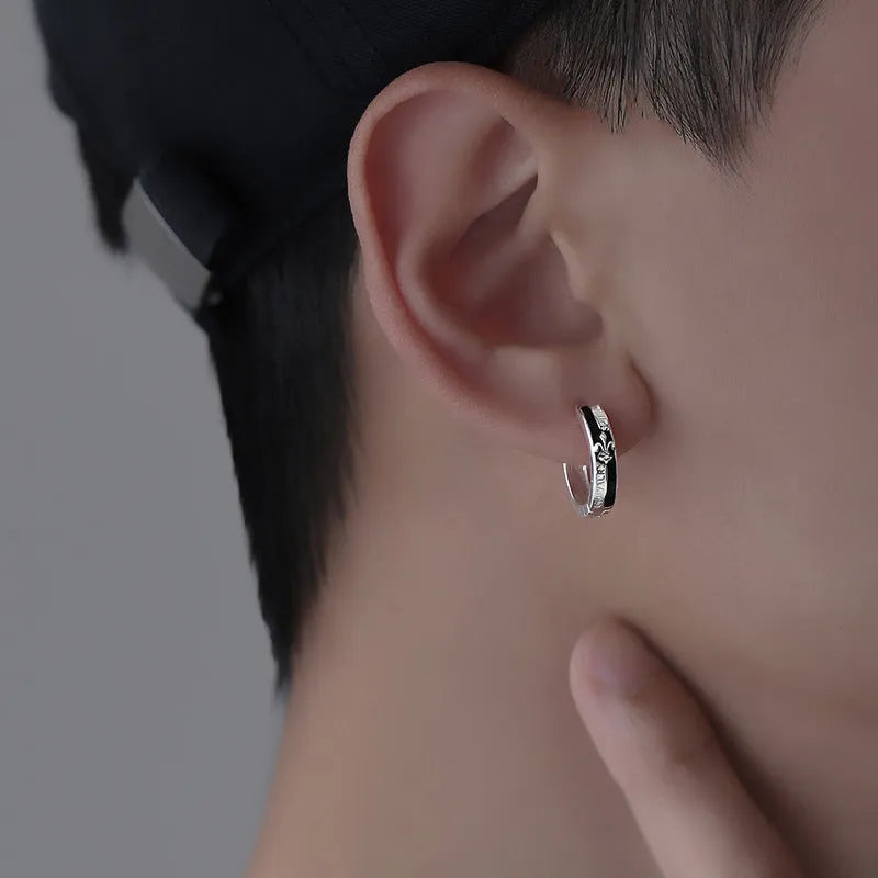 Black hip hop knight ear clip earrings for men, copper geometric ellipse pair in X189-A