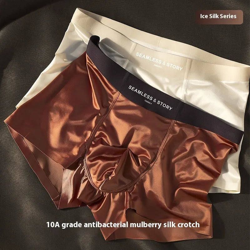 Men's ice silk underwear briefs in satin finish nylon fabric showing mid waist design and solid colour options