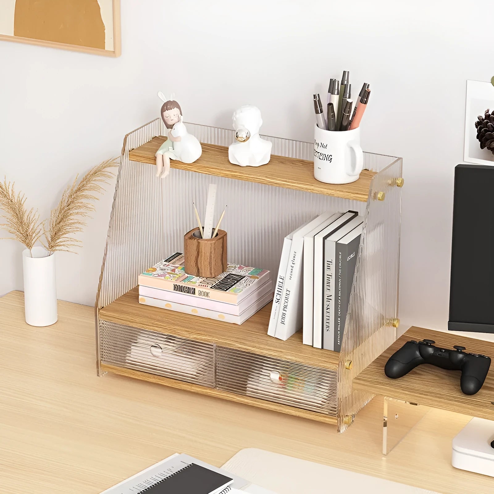 Office acrylic desk storage cabinet in wood colour with transparent acrylic shelves on a white desk