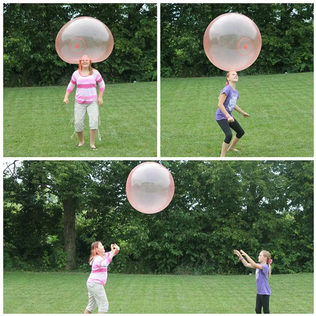 Large colourful inflatable bouncy ball in pink, yellow, green, and blue, shown in various sizes for children's play.