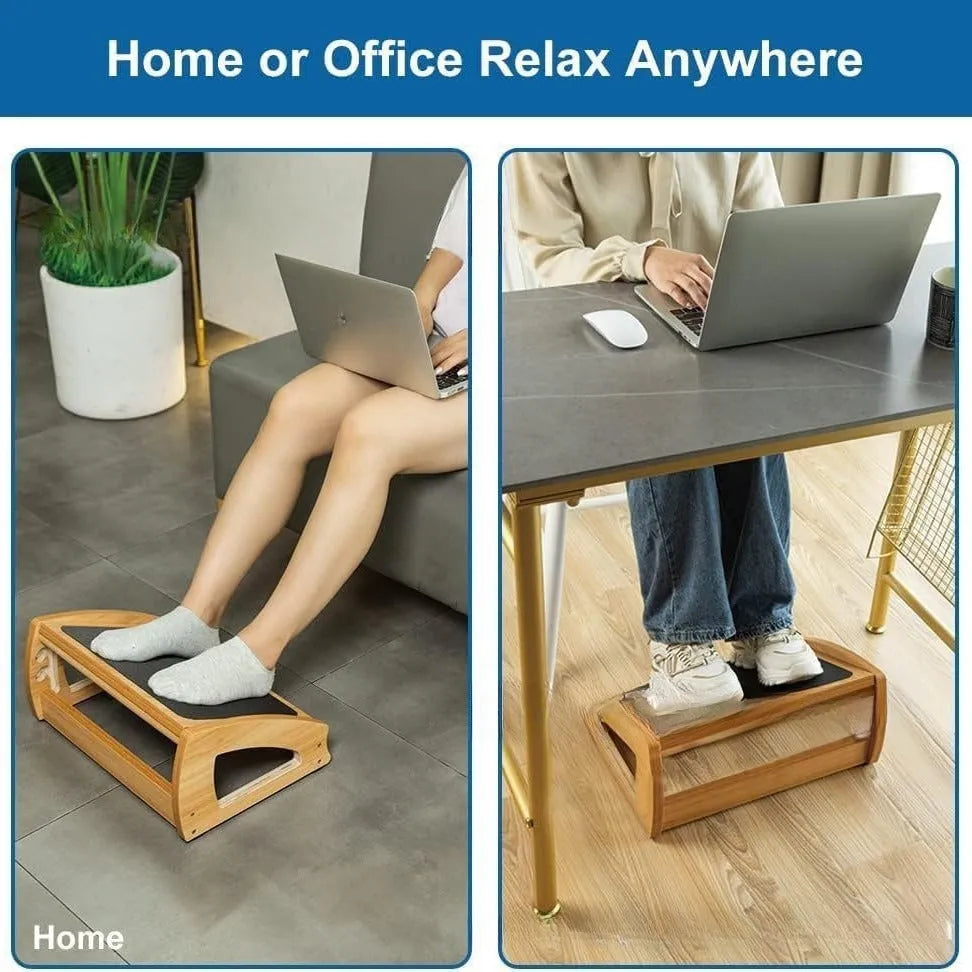 Wooden bamboo office desk footstool in natural wood colour with modern simple design.