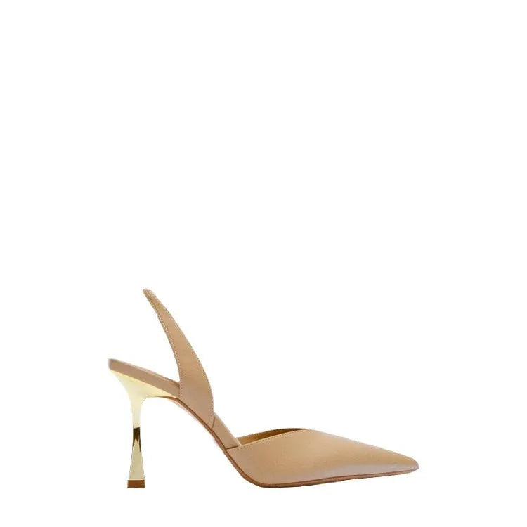 Women's patent leather pointed toe high heels in apricot and black, showing Korean-style shallow cut.