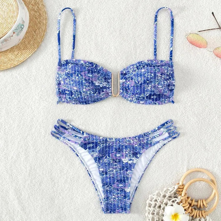 Women's high-waisted floral bikini swimsuit set in a solid colour with a briefs design.