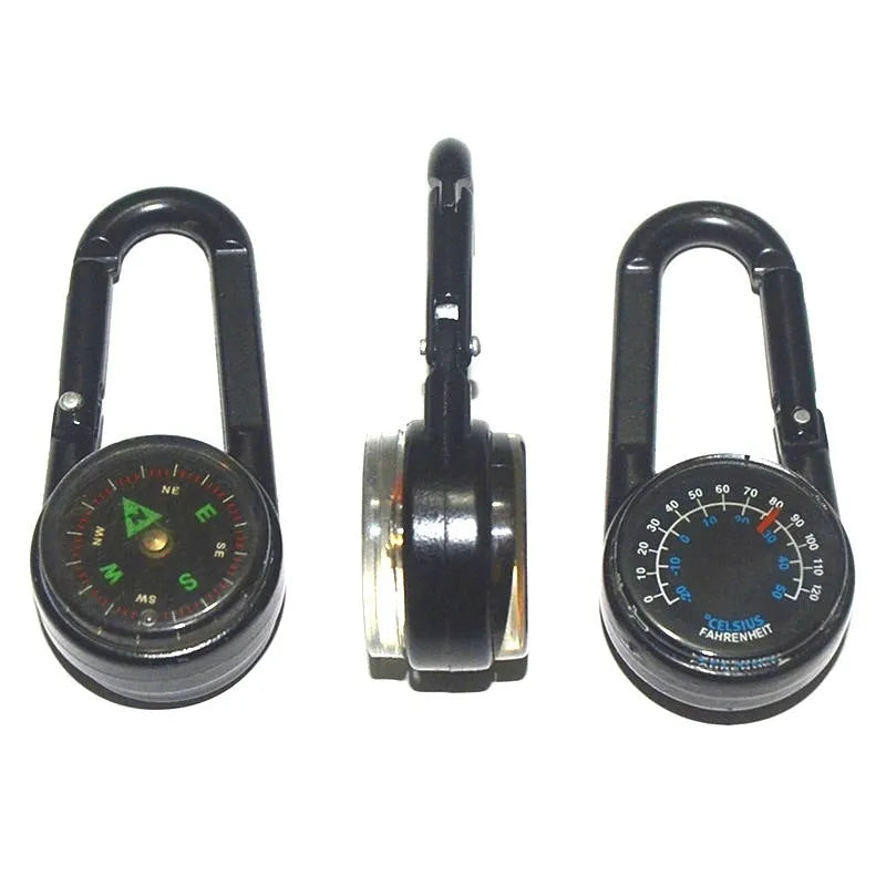 Black Army Green rose gold zinc alloy camping carabiner with thermometer and compass display, shown from the side.