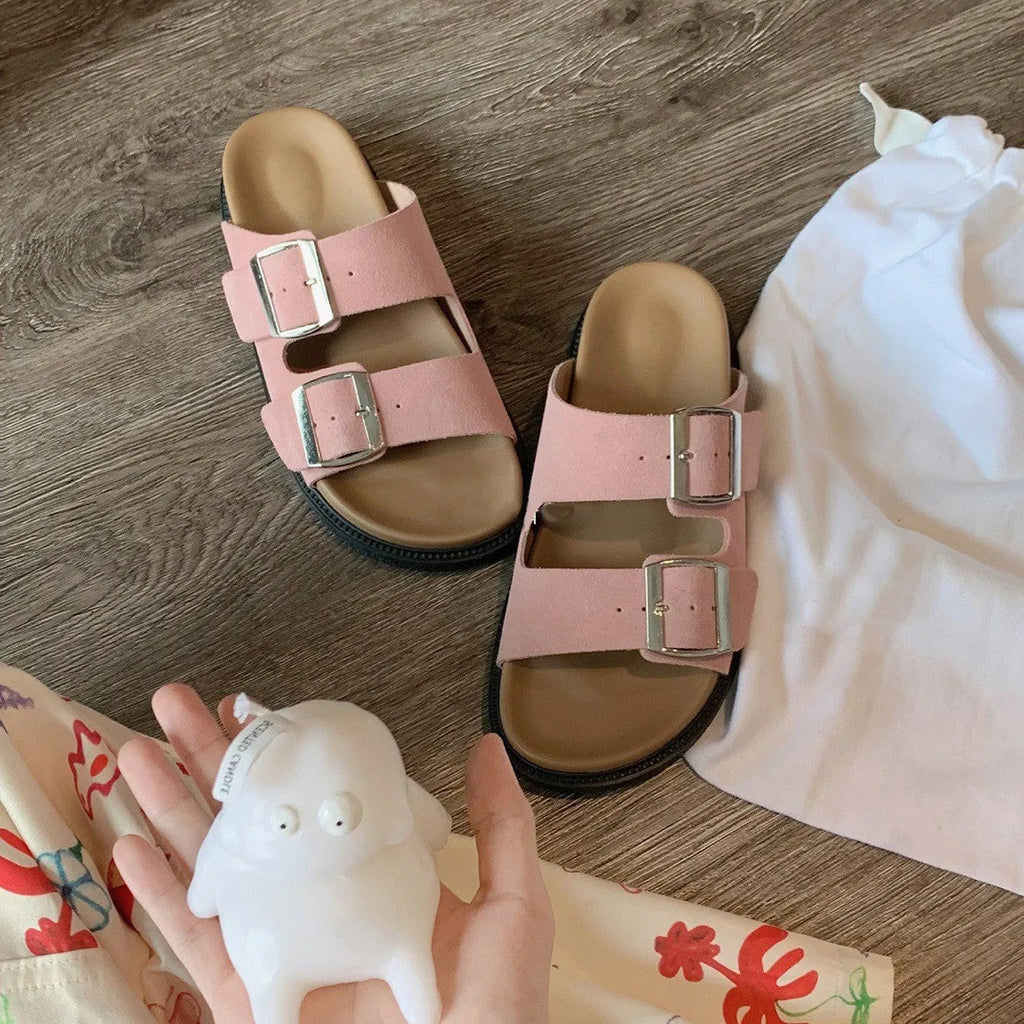 Women's casual half slippers with belt buckle, round toe, microfiber upper, rubber sole