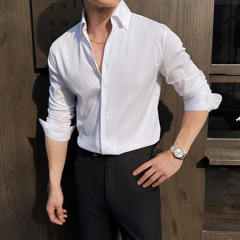 Men's dark striped V-neck long sleeve cardigan shirt in chemical fiber blend fabric