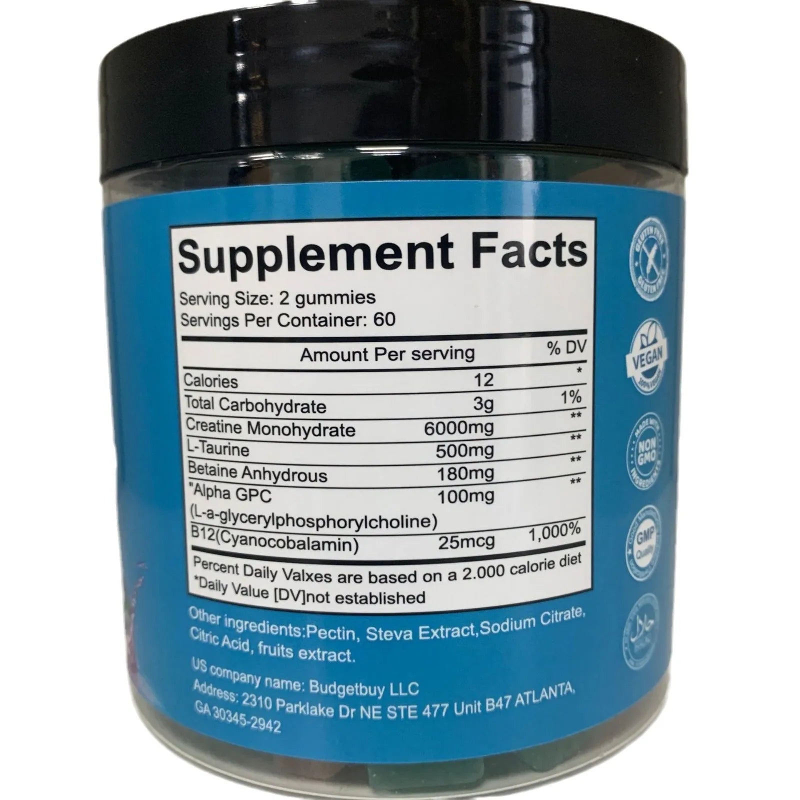 Bottle of raspberry-flavoured creatine monohydrate gummy supplements containing 120 tablets