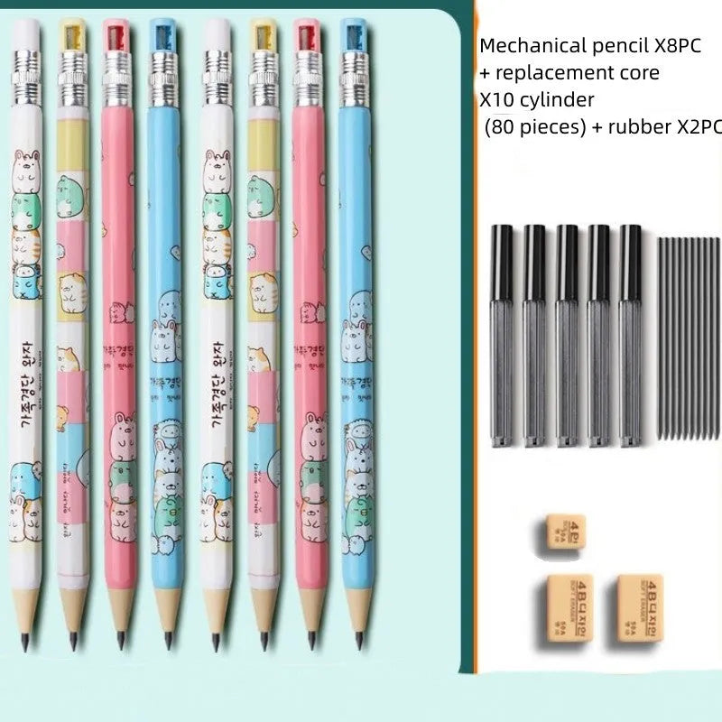 Cartoon-style plastic mechanical pencil for children with 2.0 mm thick lead, shown with spare lead cylinders.