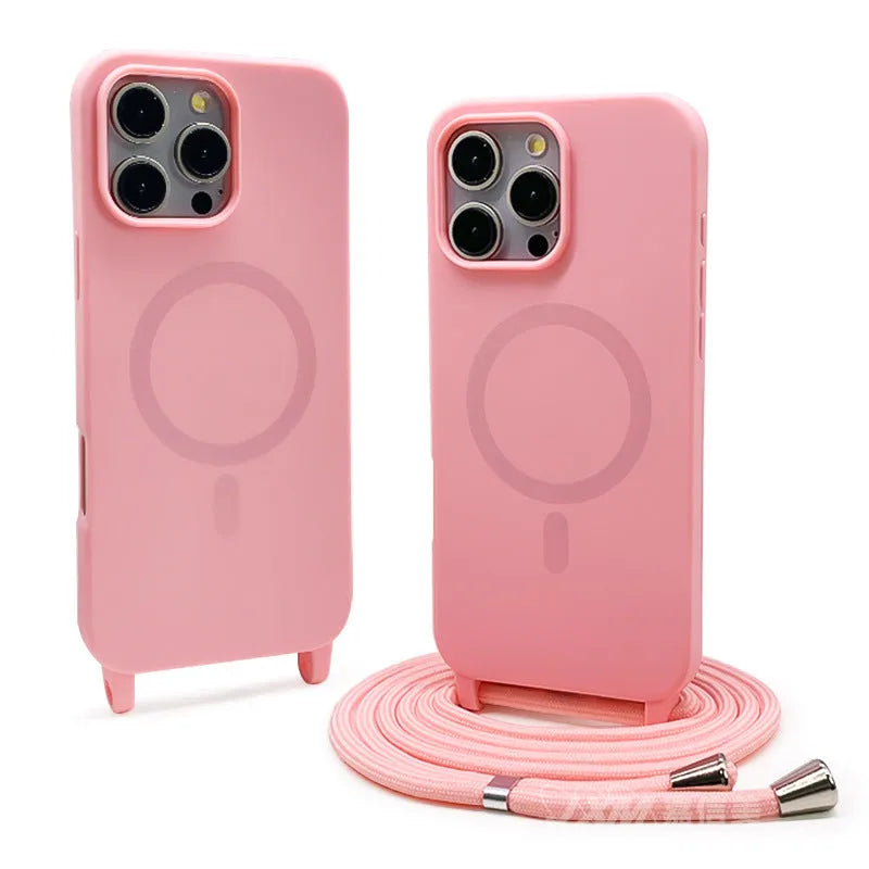 Magnetic lanyard phone case frosted TPU shockproof for iPhone 15 Pro Max, colour Black