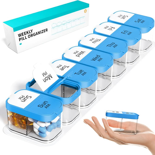 Extra large white and rainbow coloured plastic pill organiser box with 14 removable compartments.