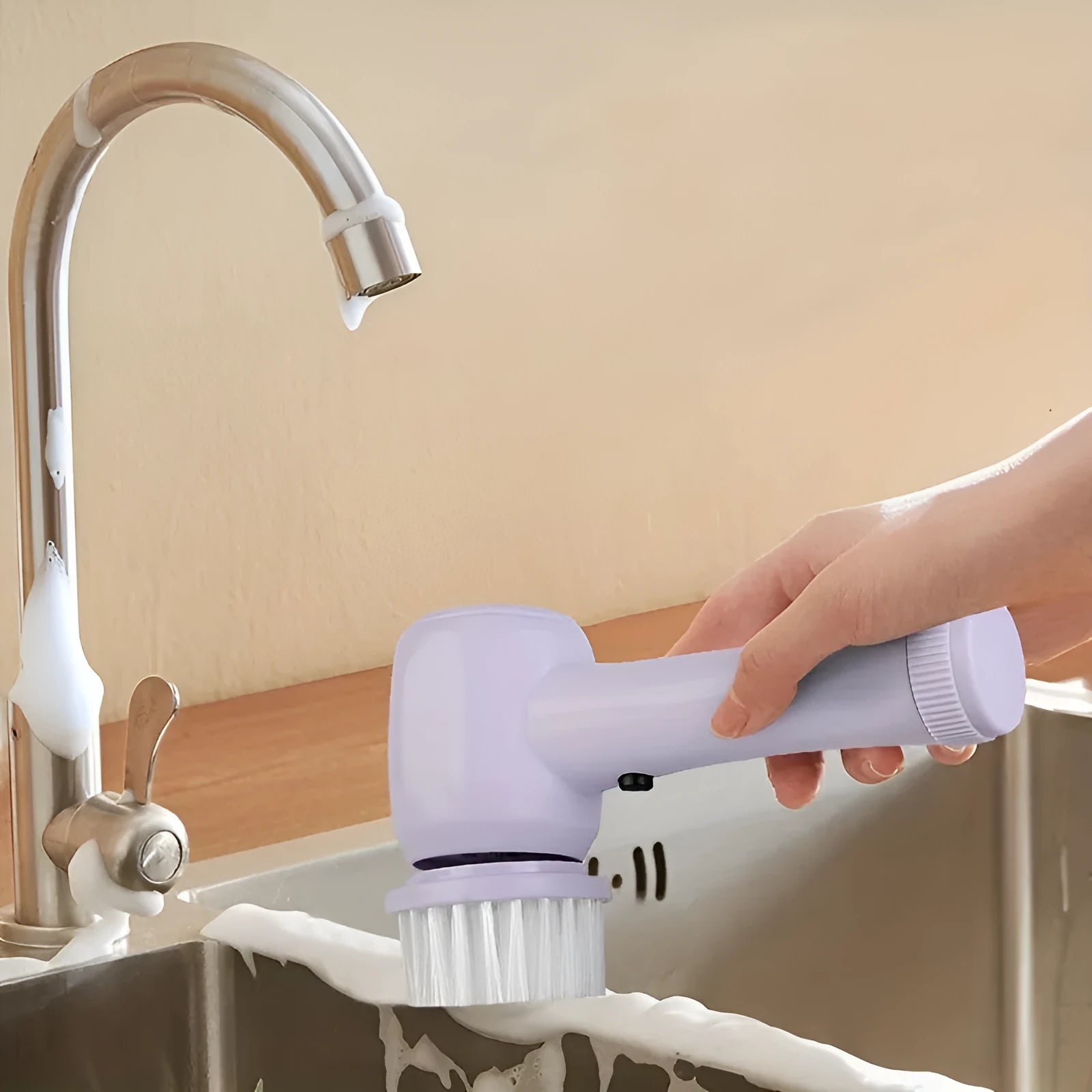 5-in-1 electric rotary brush cleaner with interchangeable heads for bathroom sink kitchen and window cleaning in white